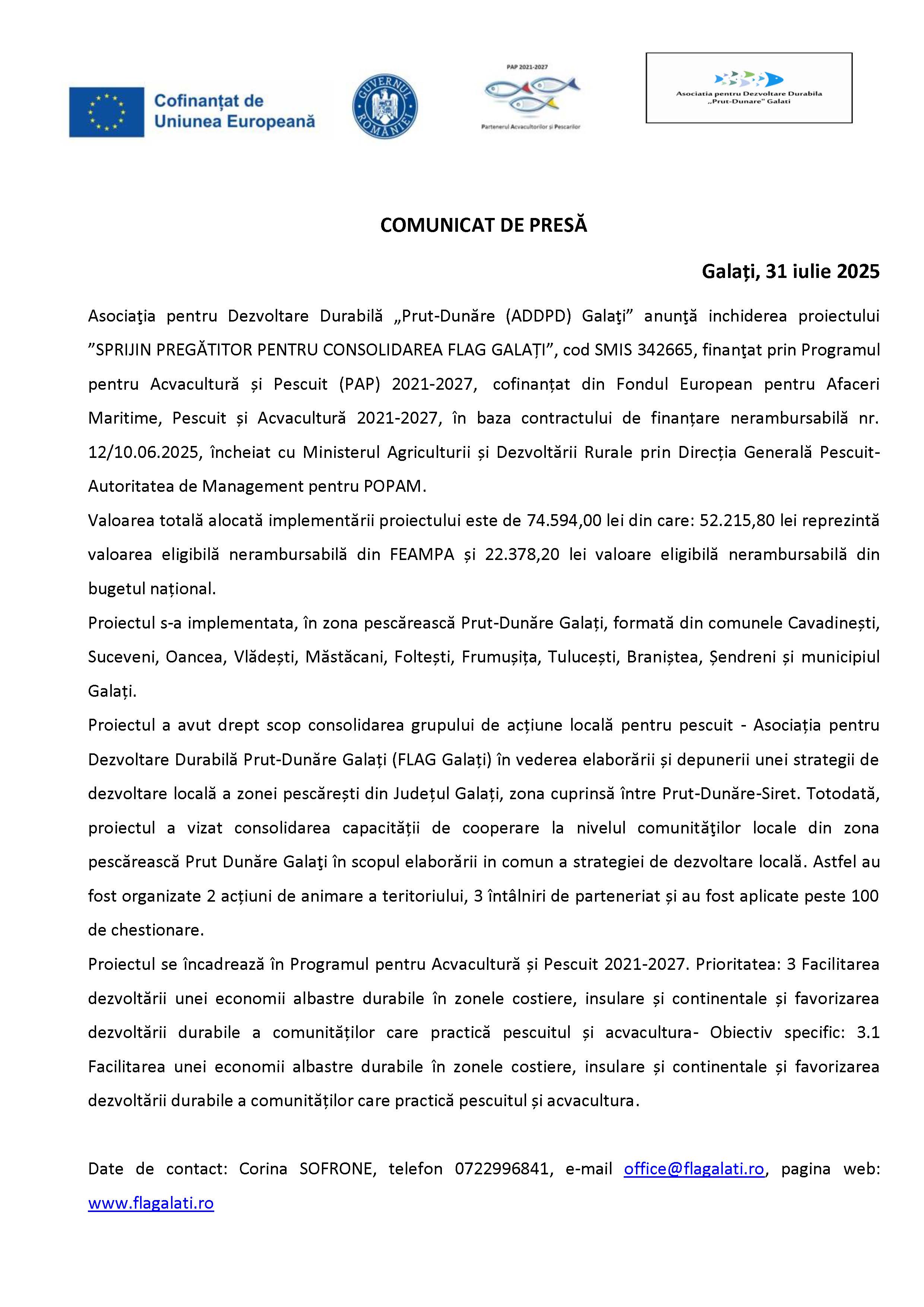 COMUNICAT DE PRESĂ Galați, 31 iulie 2025