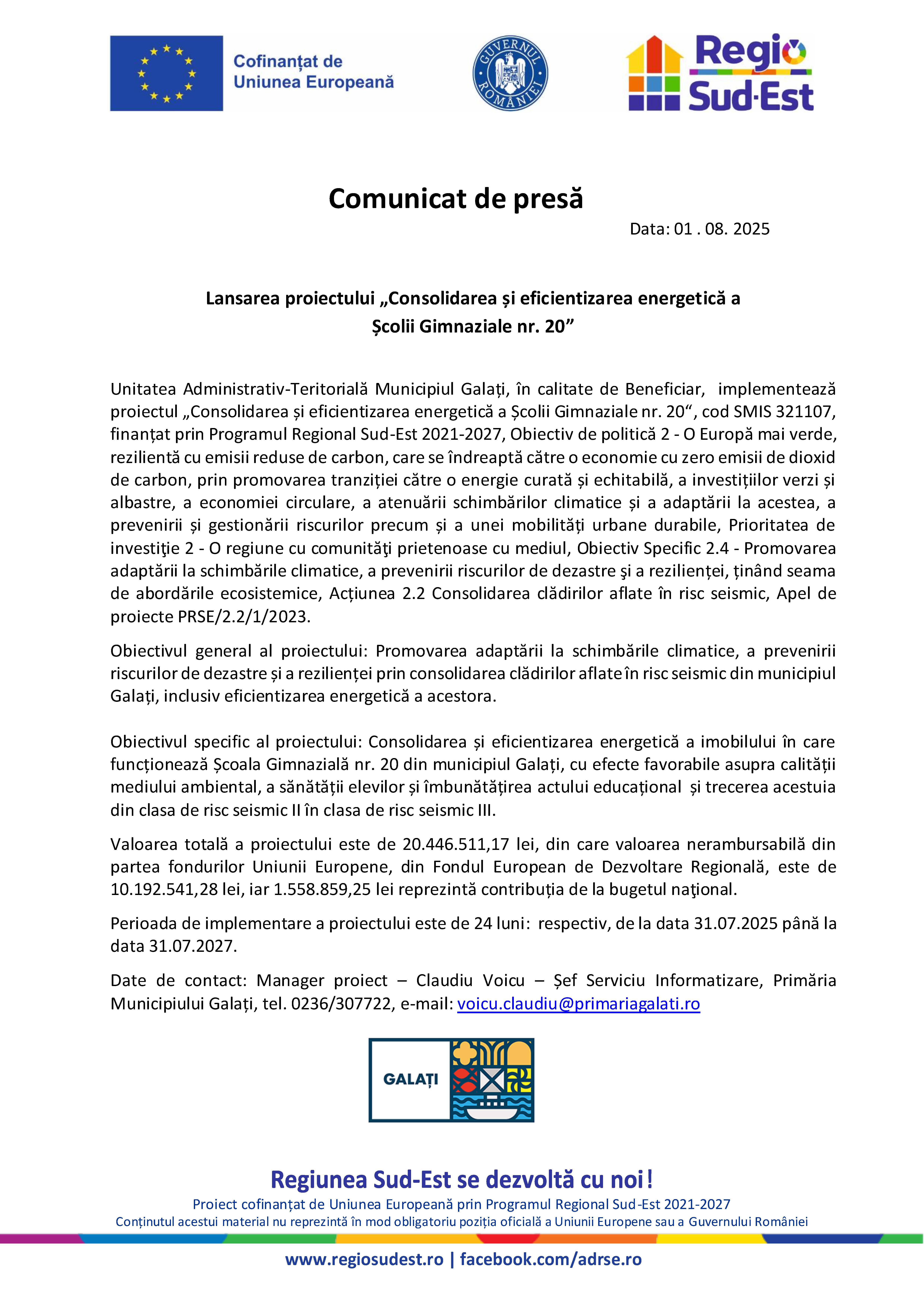 Lansarea proiectului „Consolidarea și eficientizarea energetică a  Școlii Gimnaziale nr. 20” - 02.09.2025 (2)