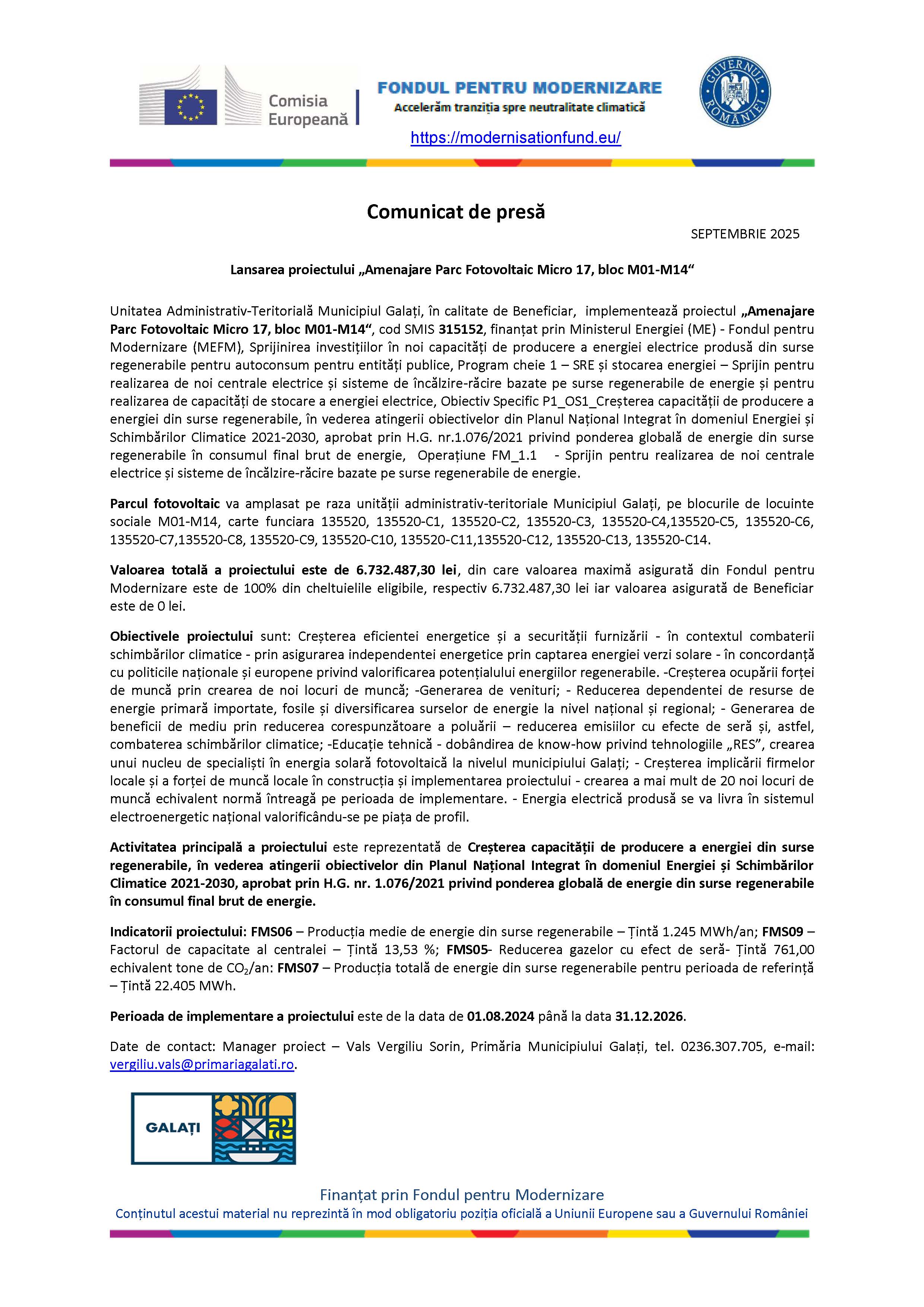 Comunicat de presă Lansarea proiectului „Amenajare Parc Fotovoltaic Micro 17, bloc M01-M14“ 15 SEPTEMBRIE 2025