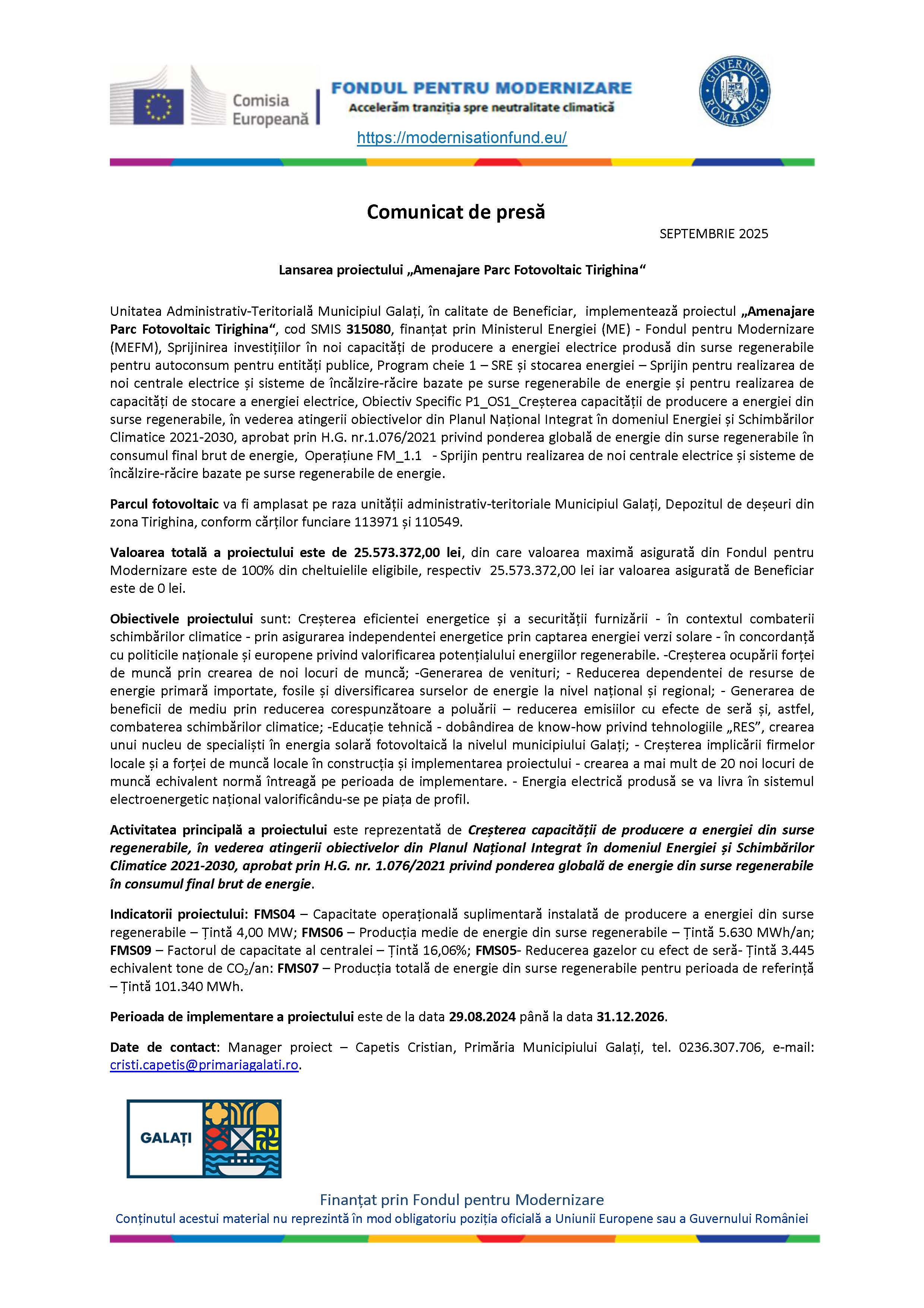 Comunicat de presă Lansarea proiectului „Amenajare Parc Fotovoltaic Tirighina“ 15 SEPTEMBRIE 2025