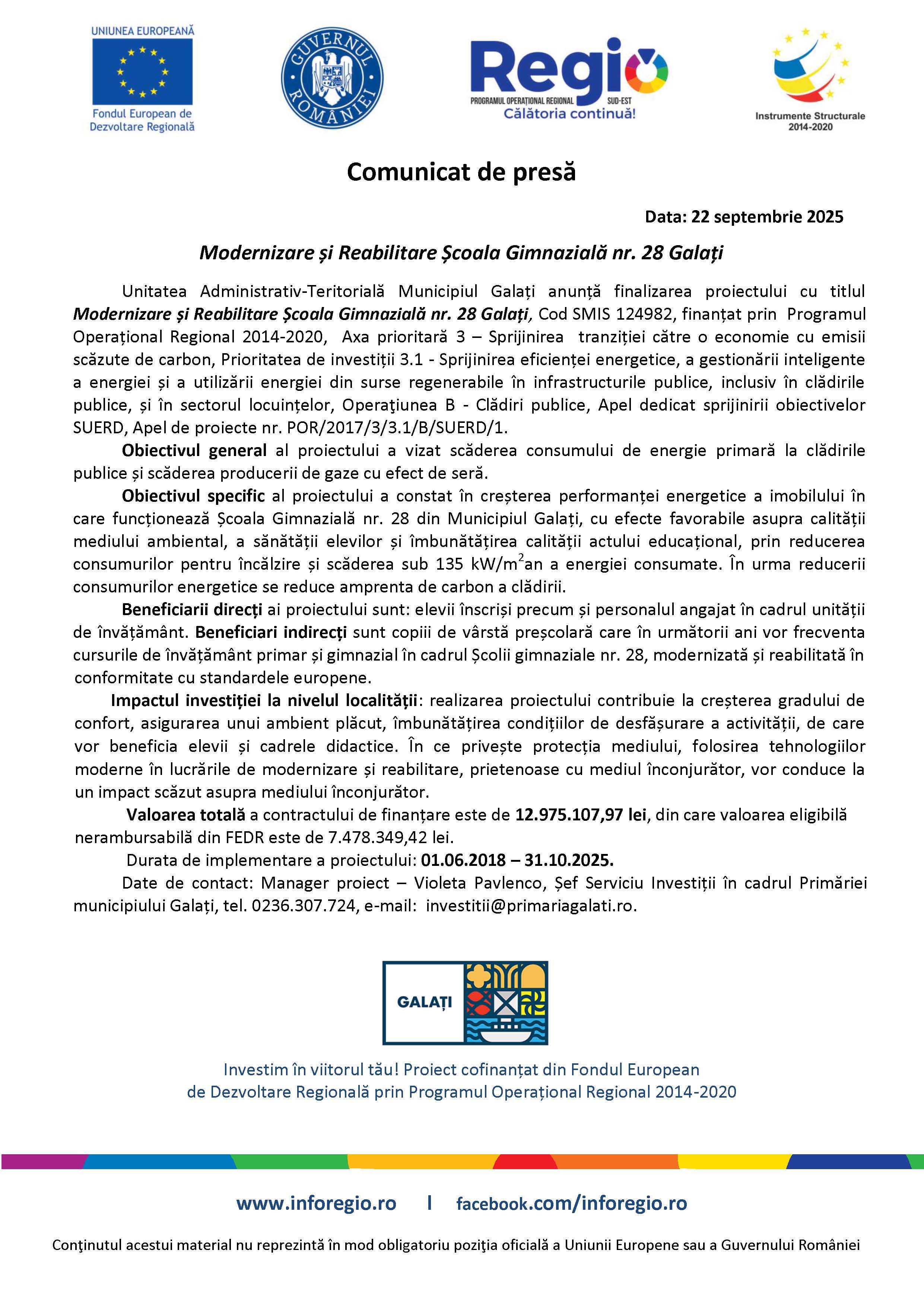 Comunicat de presă Modernizare și Reabilitare Școala Gimnazială nr. 28 Galați Data: 22 septembrie 2025