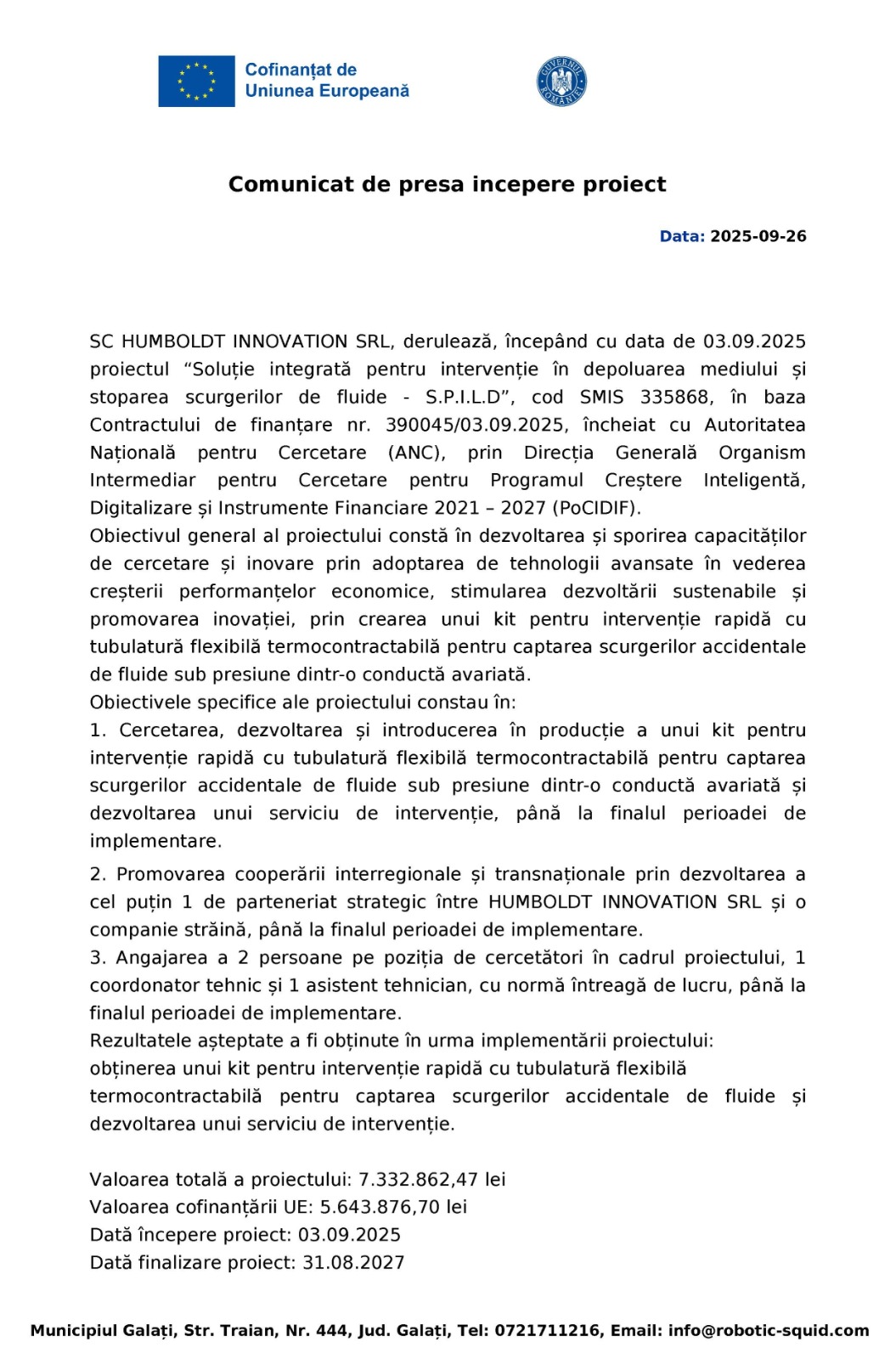 Comunicat de presa incepere proiect Data: 2025-09-22