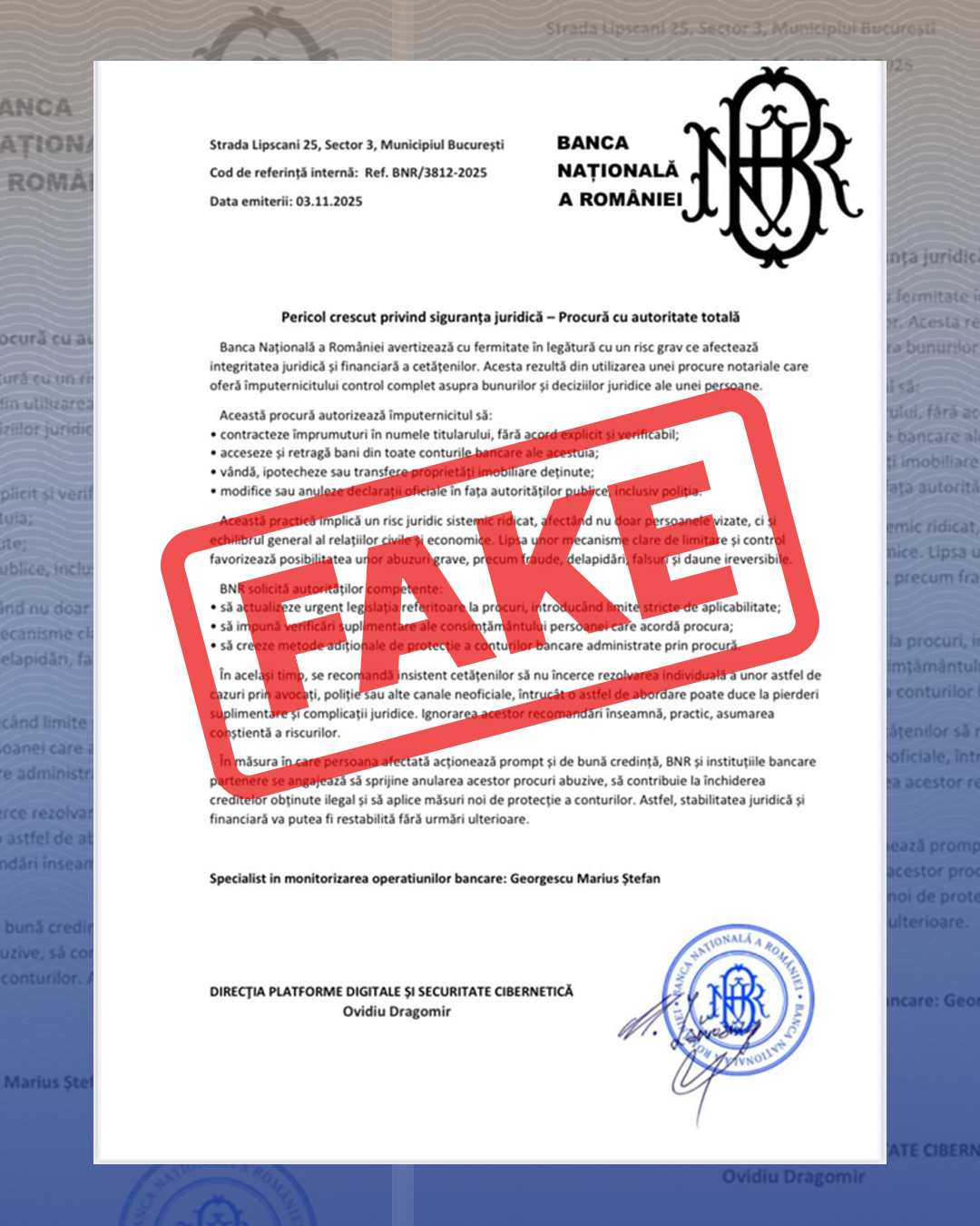 BNR avertizează asupra unui document fals care circulă online