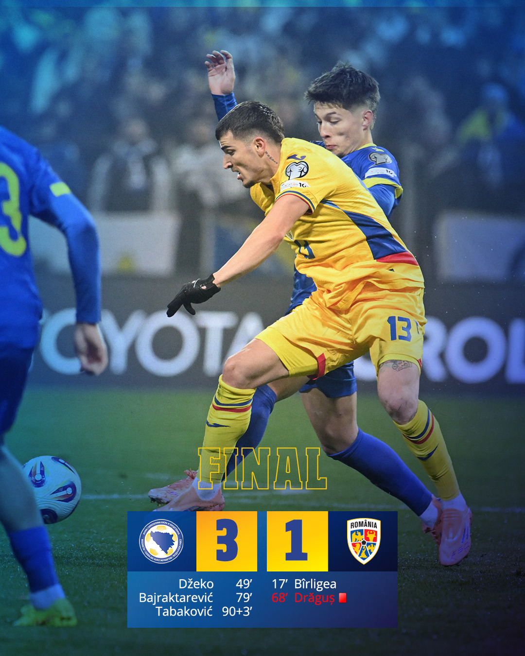 România a condus cu 1-0, dar a pierdut în faţa Bosniei-Herţegovina. Tricolorii vor juca în martie meci de baraj pentru calificarea la Cupa Mondială 2026