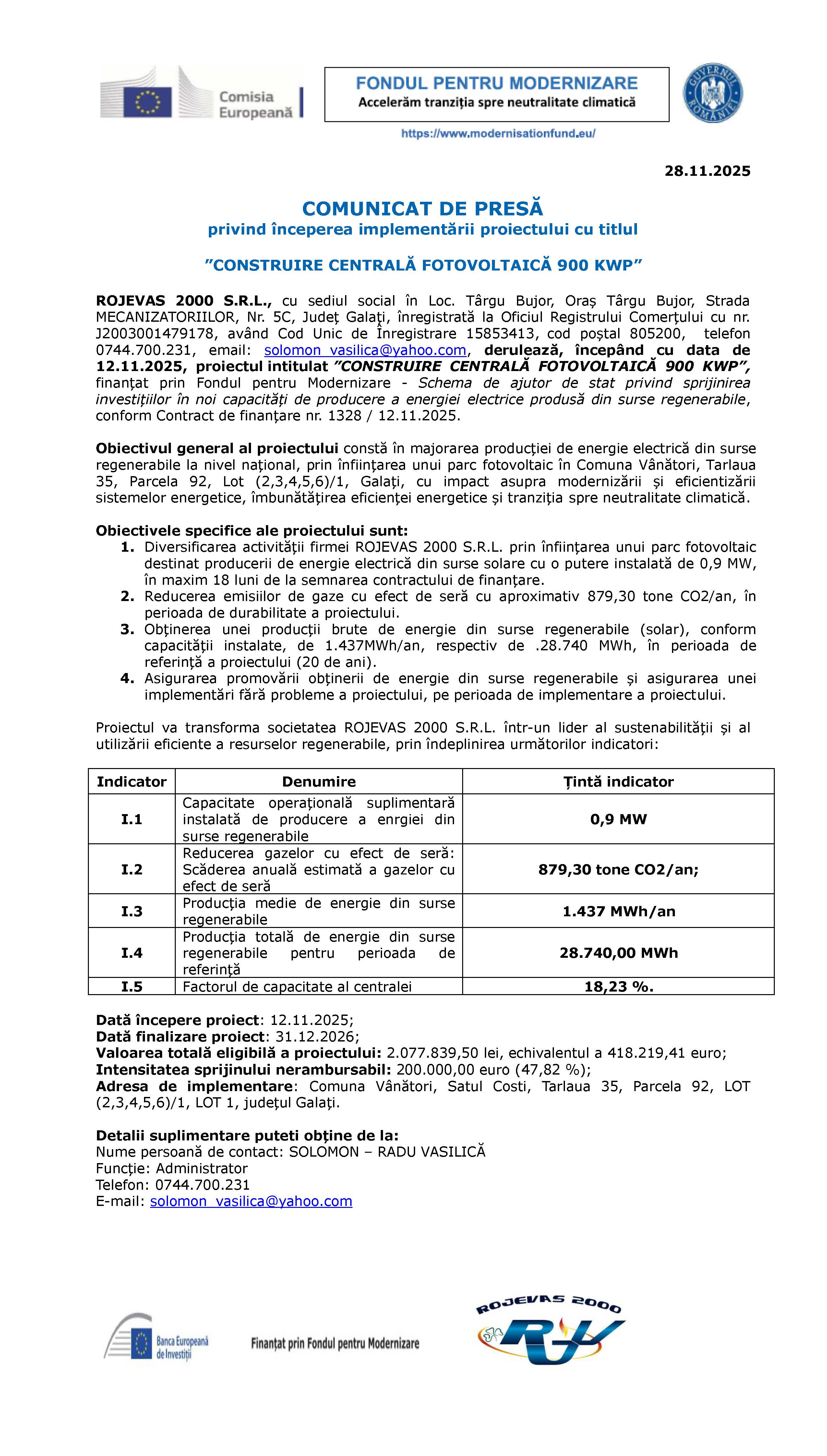 COMUNICAT DE PRESĂ privind începerea implementării proiectului cu titlul ”CONSTRUIRE CENTRALĂ FOTOVOLTAICĂ 900 KWP” 28.11.2025