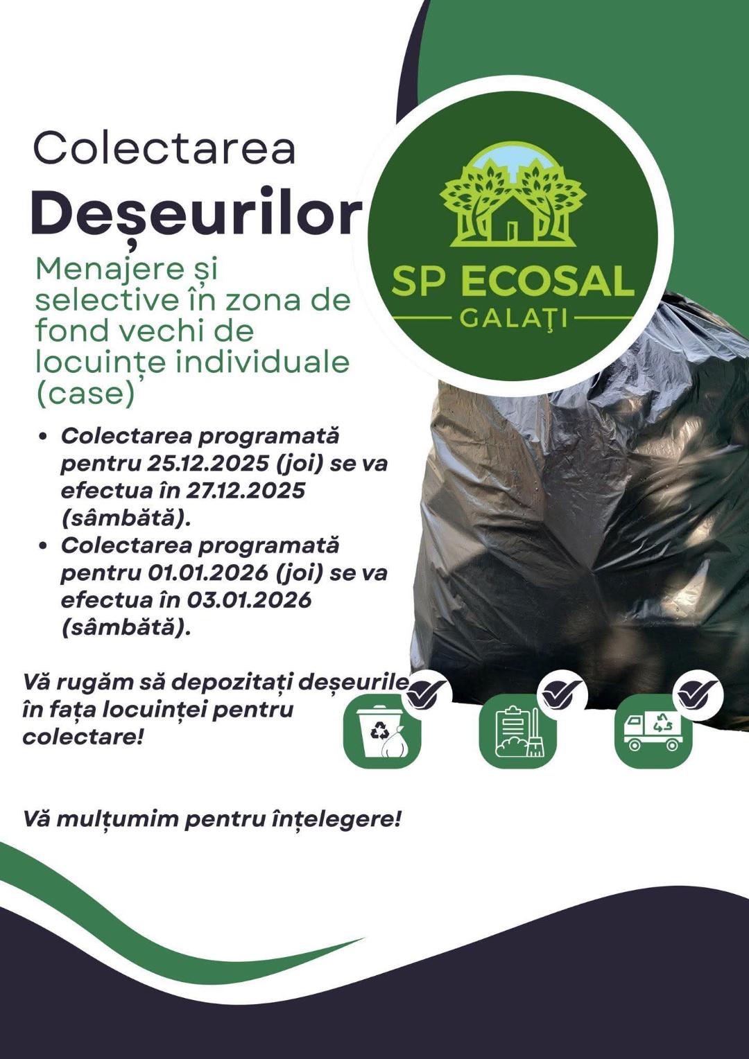 SP Ecosal Galaţi anunţă programul de colectare a deşeurilor pentru zona de case