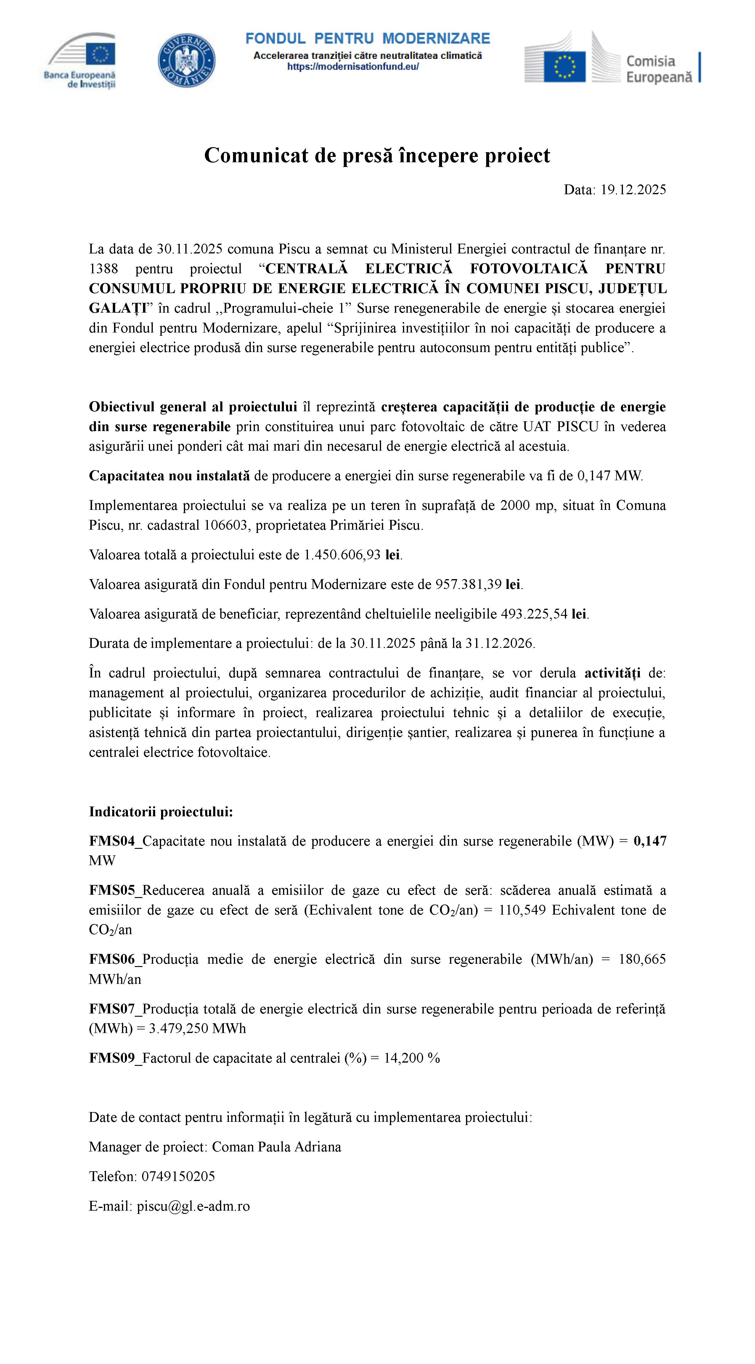 Comunicat de presă începere proiect Data: 19.12.2025